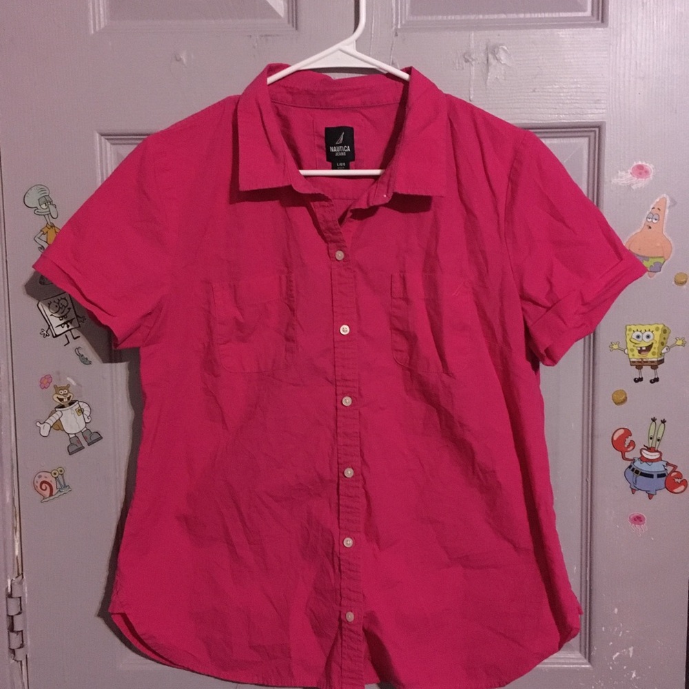 Nautica Women’s Short-Sleeve Button-Up Shirt - Hot Pink Size Large